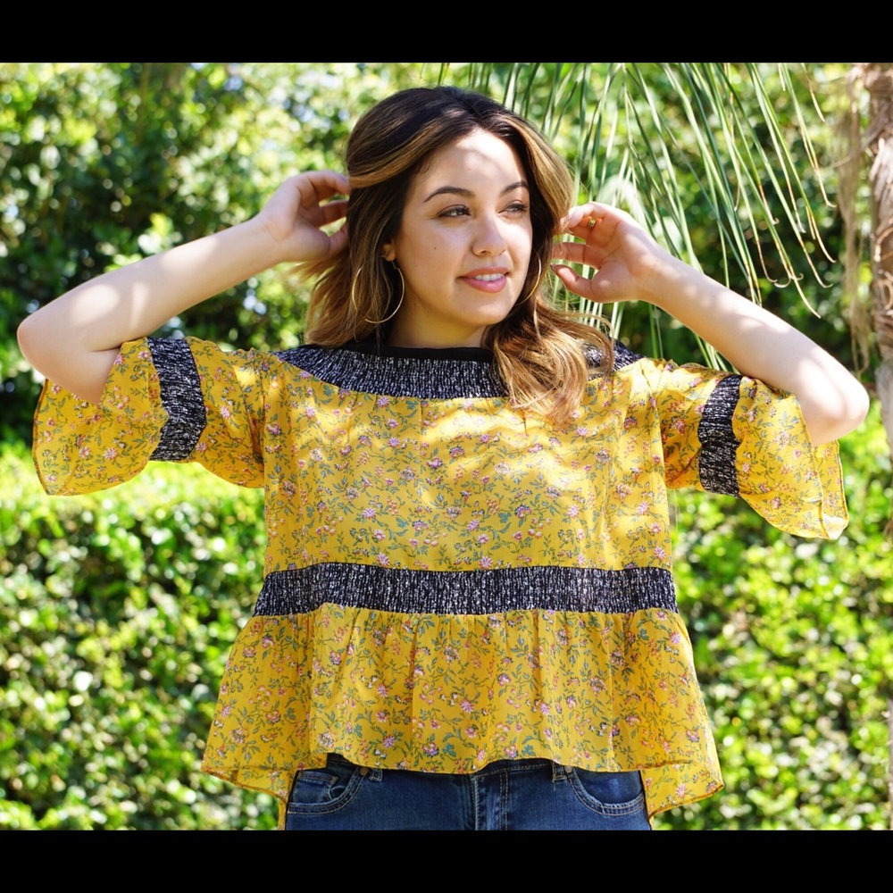 Printed mustard floral multi color top